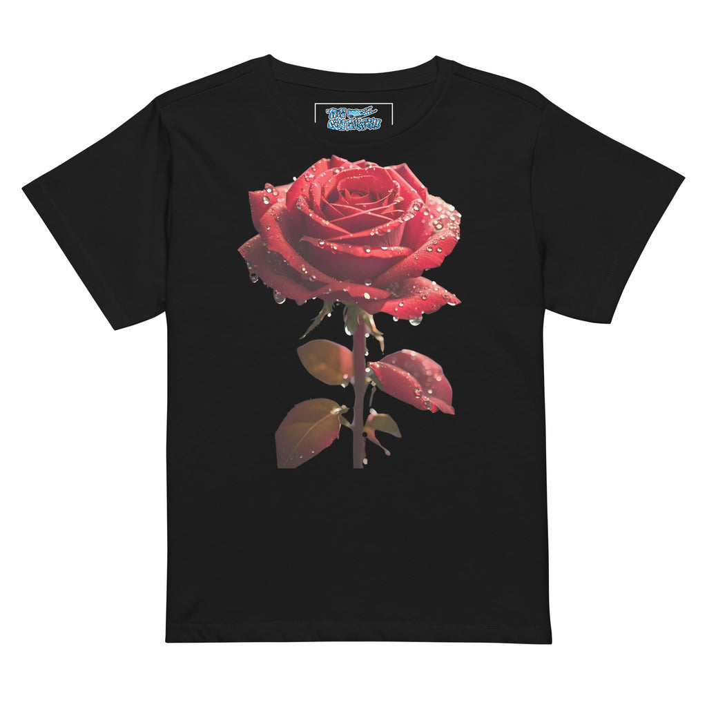 Women's high-waisted rose graphic t-shirt in black, fitted cotton tee with botanical print