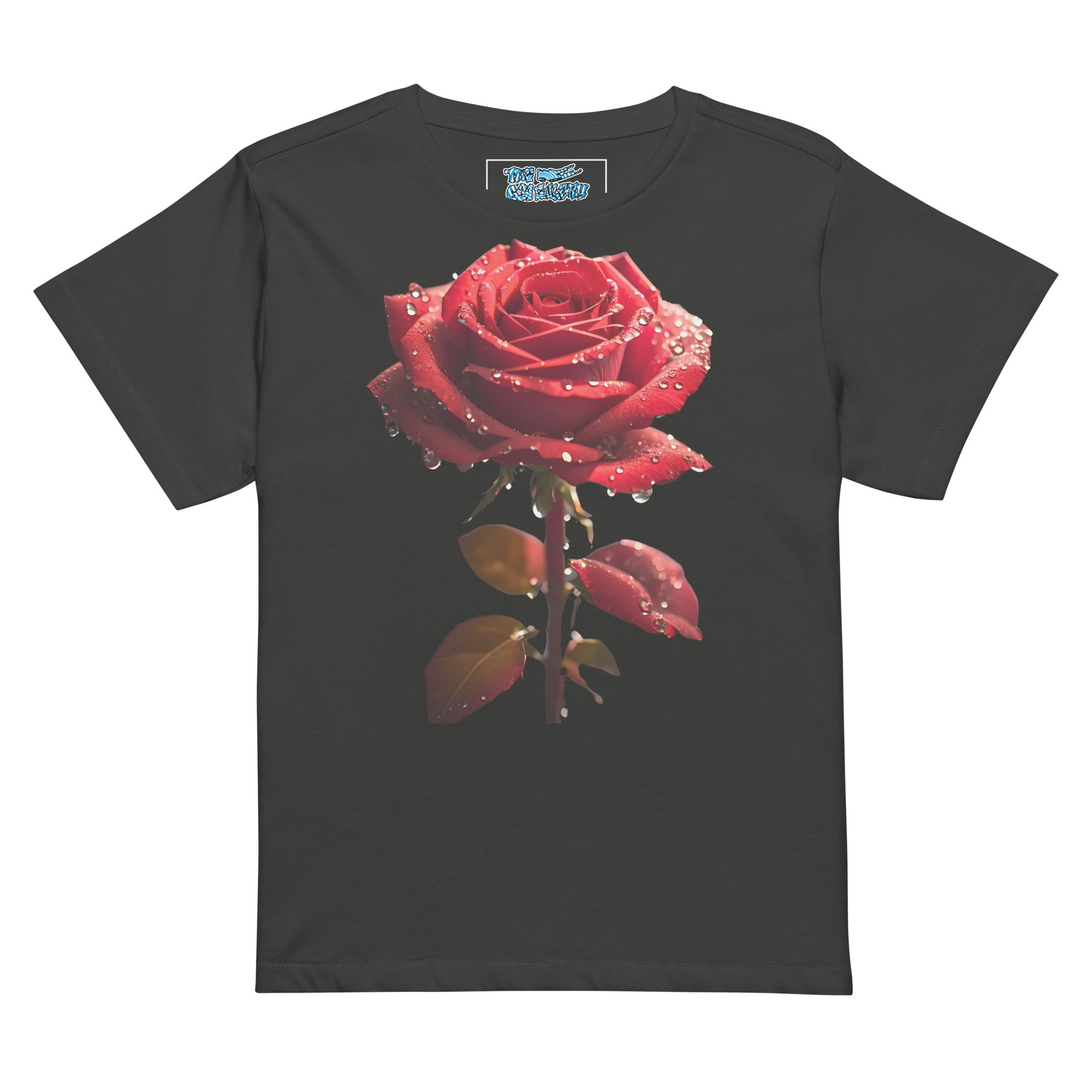 Women's high-waisted rose graphic t-shirt in vintage black, soft fitted tee with rose design